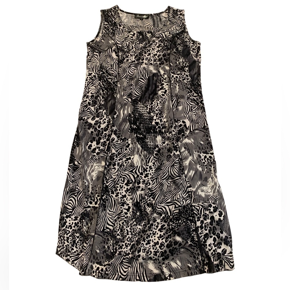 Amanda Collection Black White Grey Animal Print Sleeveless Dress - Size M